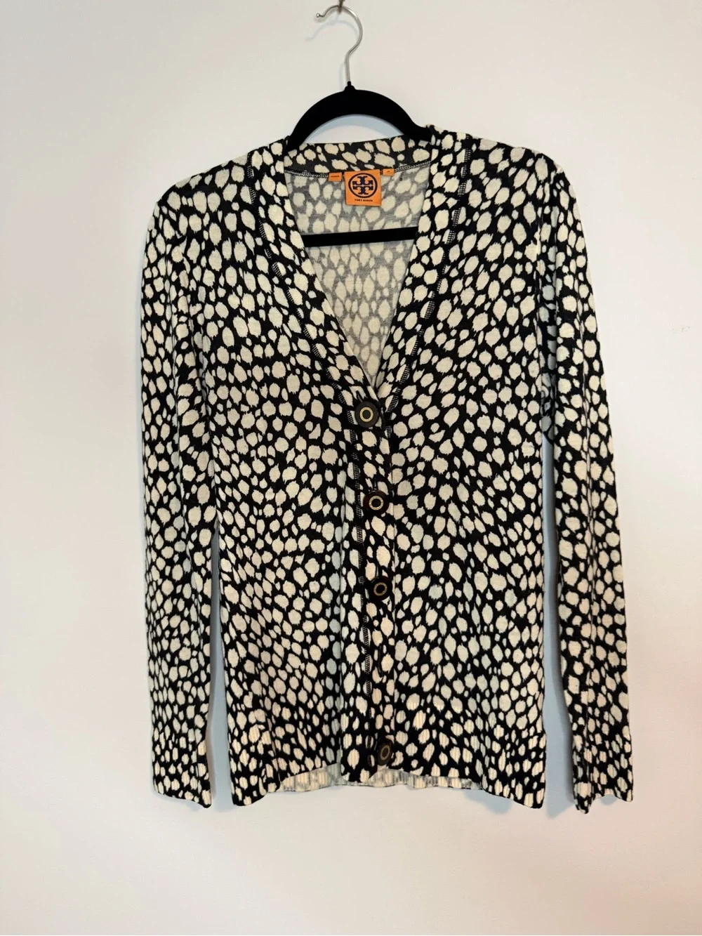 Tory Burch Black & White Printed Button Simone Cardigan missing button
